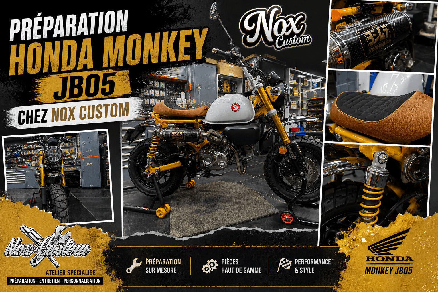 Préparation Honda Monkey JB05 : échappement, kit cylindre et sellerie sur-mesure chez Nox Custom