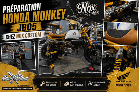 Préparation Honda Monkey JB05 : échappement, kit cylindre et sellerie sur-mesure chez Nox Custom