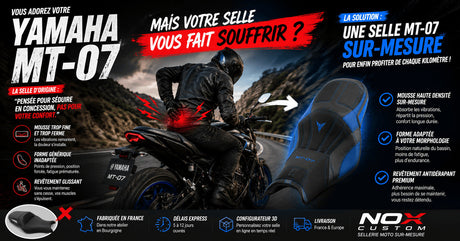 Selle Yamaha MT-07 inconfortable ? La solution : une selle MT-07 sur-mesure par Nox Custom, fabriquée en France