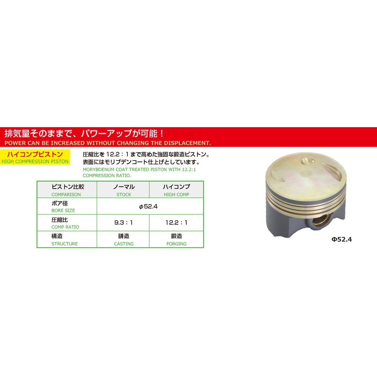 Kit piston haute compression Ver.2 Ø52,4 — Kitaco — Honda Monkey 125 JB-02 & MSX 125 JC61 / JC75 (350-1432210)
